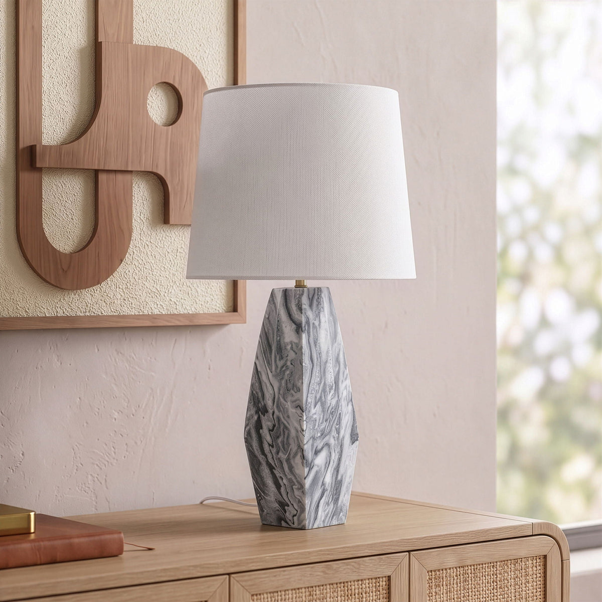 Seraphine - Genuine Marble And Linen Textured Fabric Table Lamp