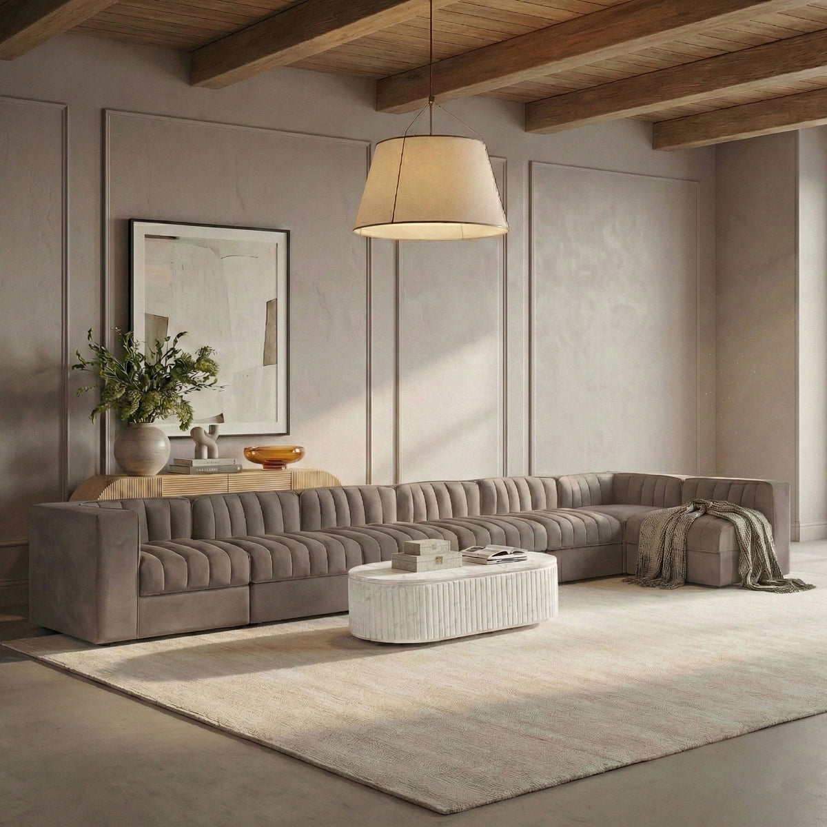 Rummi - Velvet Performance Fabric Upholstered 7 Piece Modular Sectional, L-Shaped (Right)