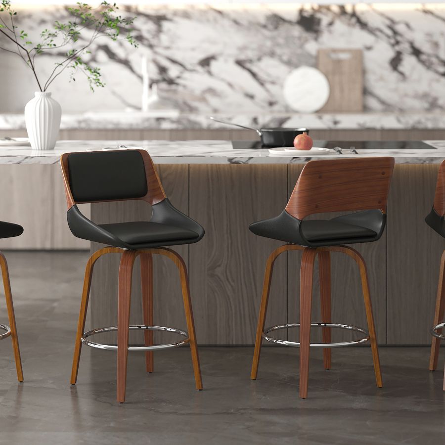 Hudson 26" Counter Stool with Swivel in Black Faux Leather and Walnut
