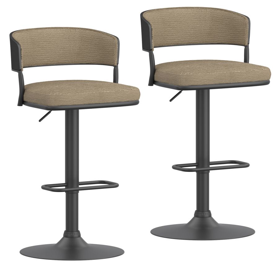 Kazan Adjustable Air-Lift Stool, Set of 2 in Dark Beige Performance Fabric & Black Metal