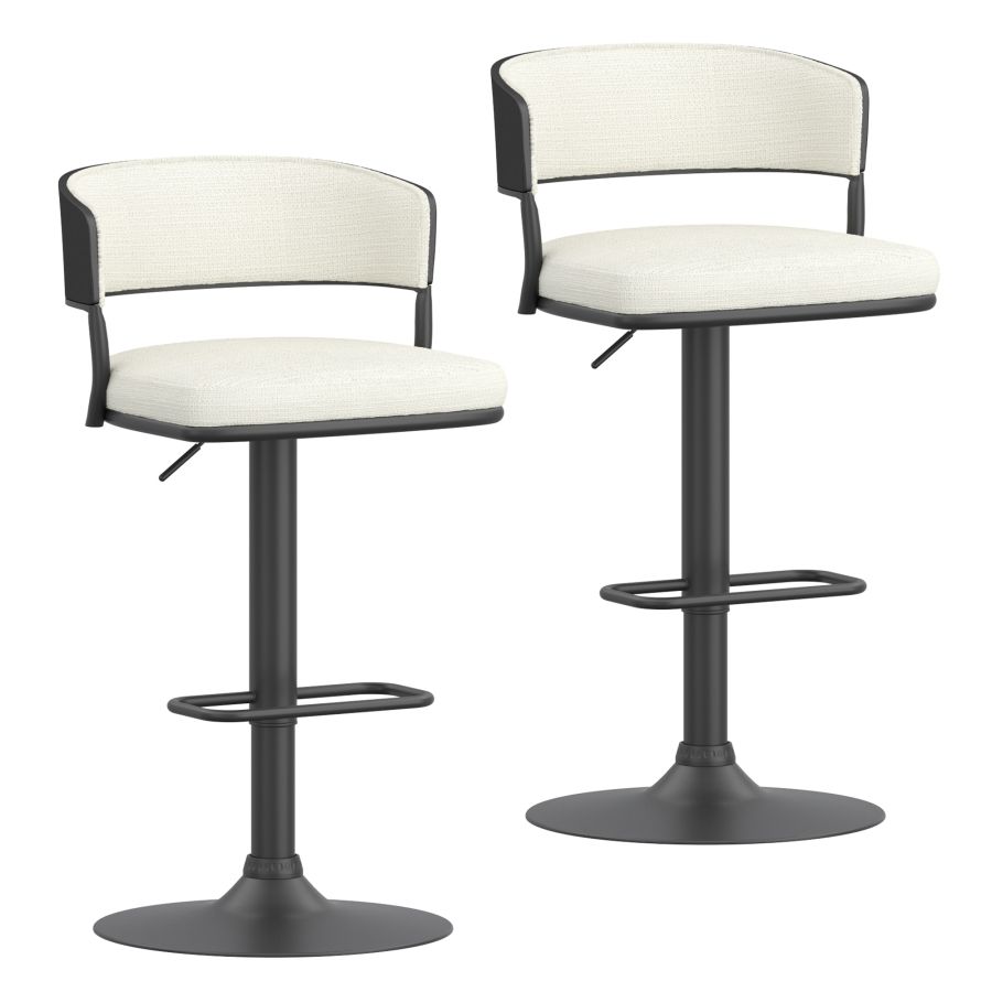 Kazan Adjustable Air-Lift Stool, Set of 2 in Ivory Performance Fabric & Black Metal