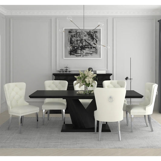 Eclipse/Hollis 7pc Dining Set in Black with Ivory Chair - Furniture Depot