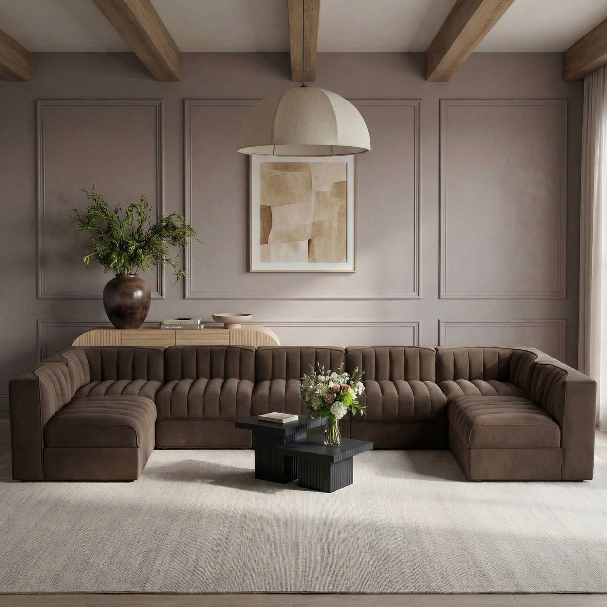 Rummi - Velvet Performance Fabric Upholstered 7 Piece Modular Sectional (With 2 Corner Chairs)