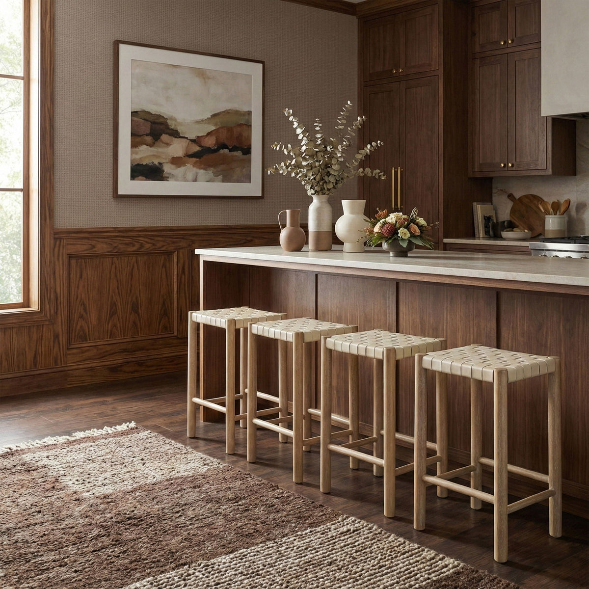 Entwine - Vegan Leather Upholstered Backless Counter Stool - Painted Natural