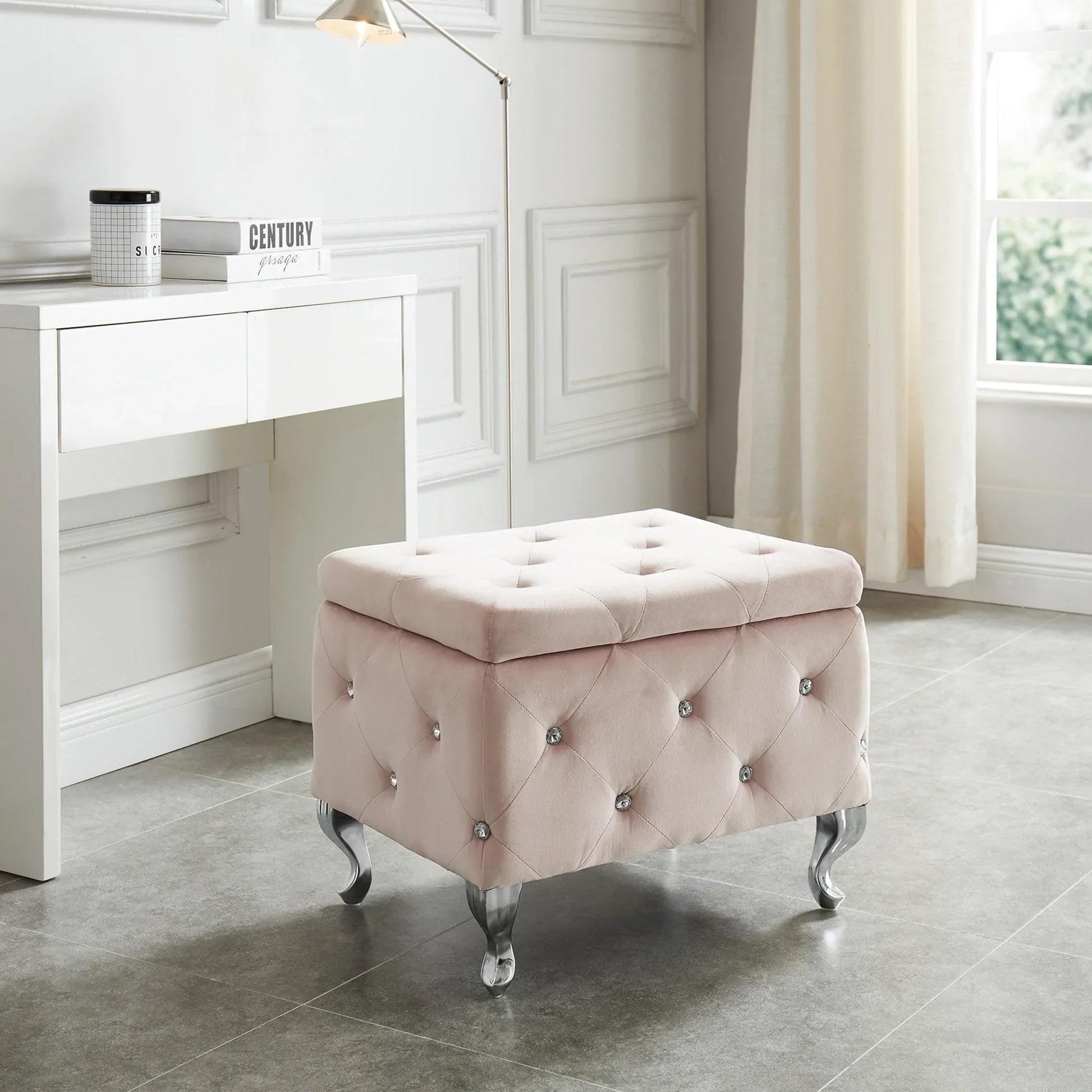 MONIQUE-SINGLE STORAGE OTTOMAN-BLUSH - Furniture Depot