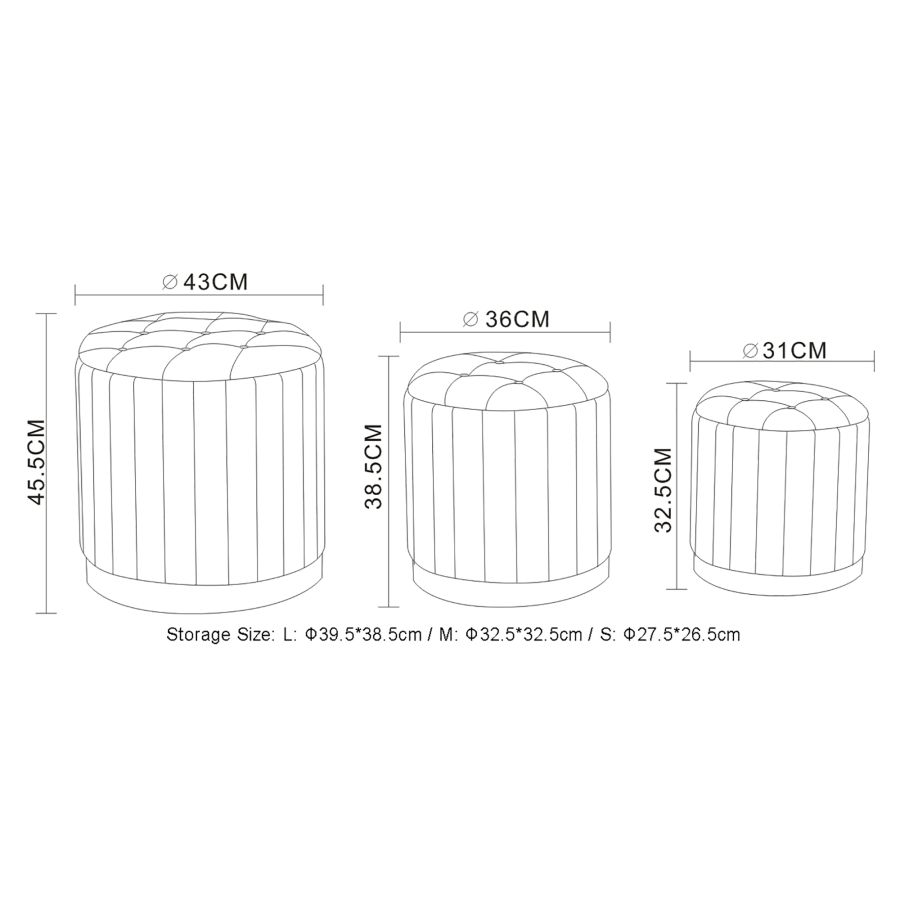 Lexi 3pc Round Storage Ottoman Set in Warm Grey and Black