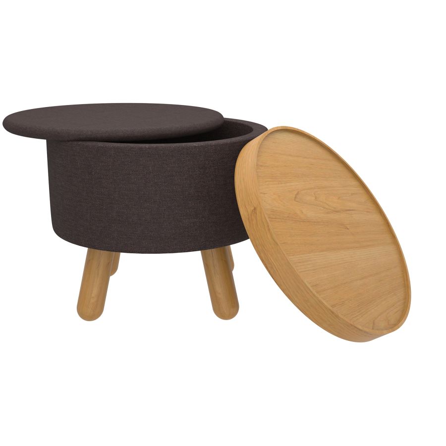 Betsy Round Storage Ottoman with Tray in Charcoal and Natural