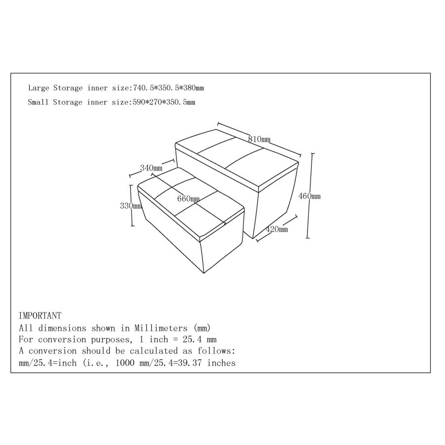 Levi 2pc Rectangular Storage Ottoman Bench Set in Charcoal Fabric