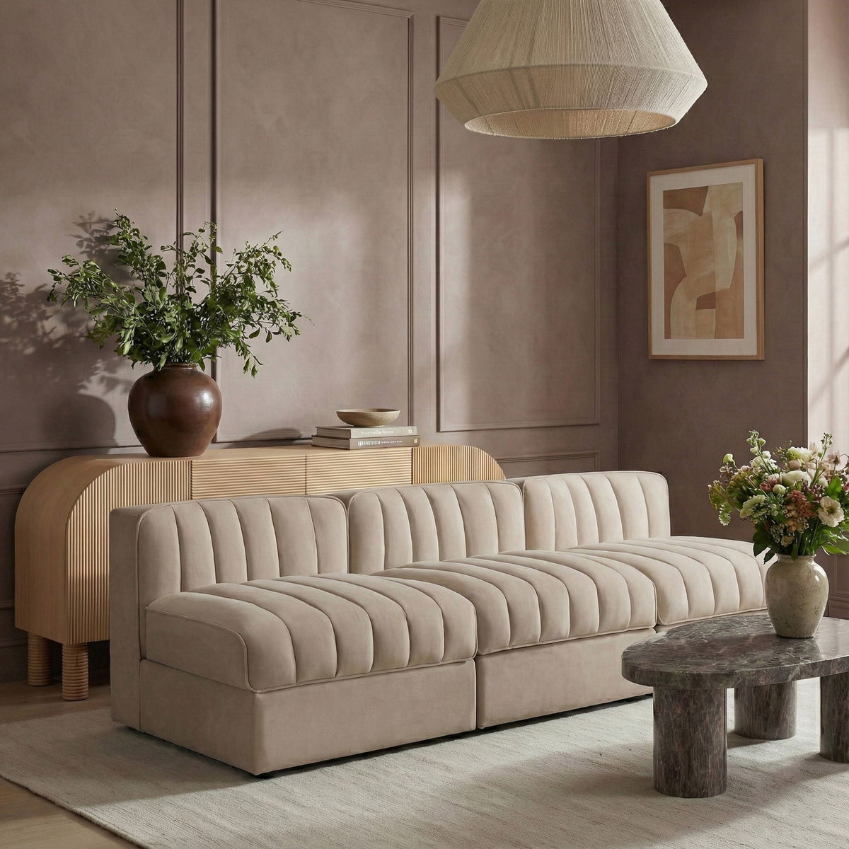 Rummi - Velvet Performance Fabric Upholstered 3 Piece Modular Armless Sofa