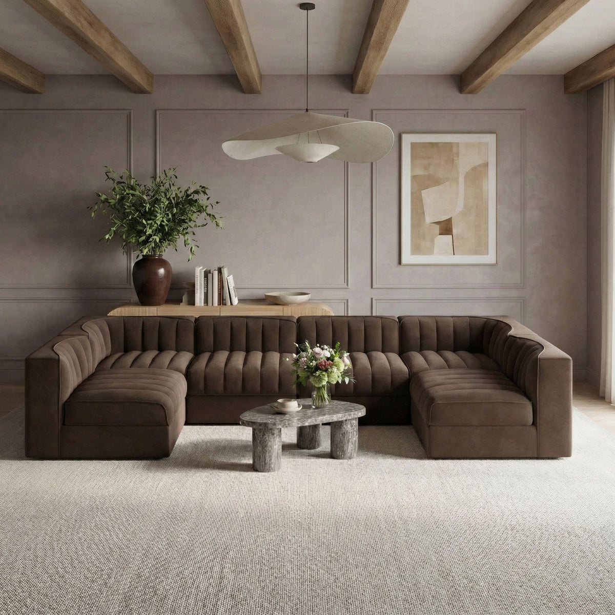 Rummi - Armless Velvet Performance Fabric Upholstered 6 Piece Modular Sectional