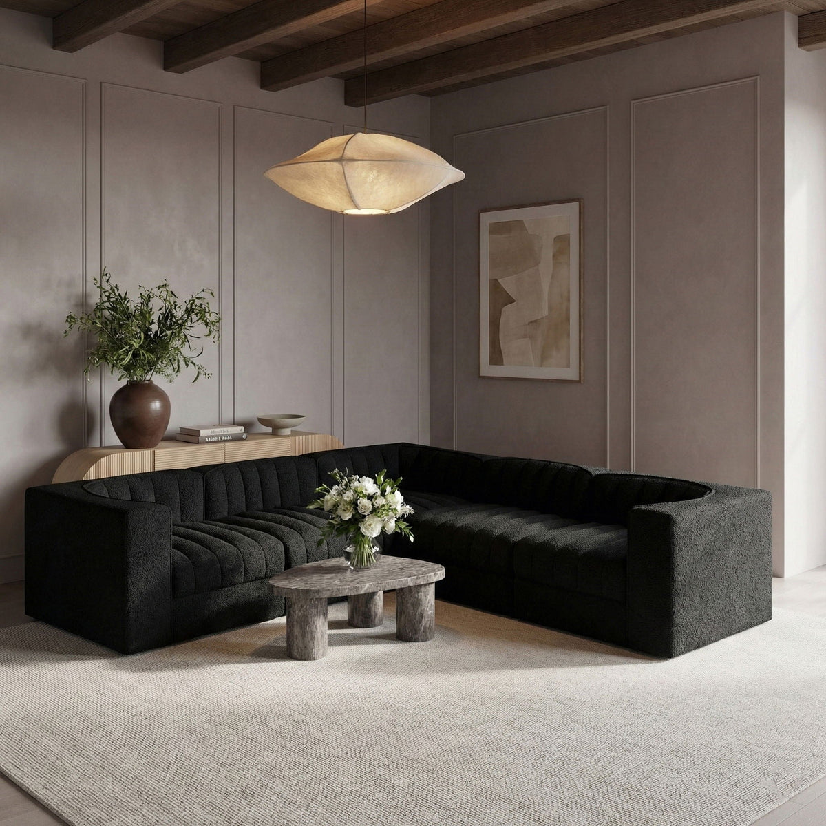 Rummi - Symmetrical Velvet Performance Fabric Upholstered 5 Piece Modular Sectional