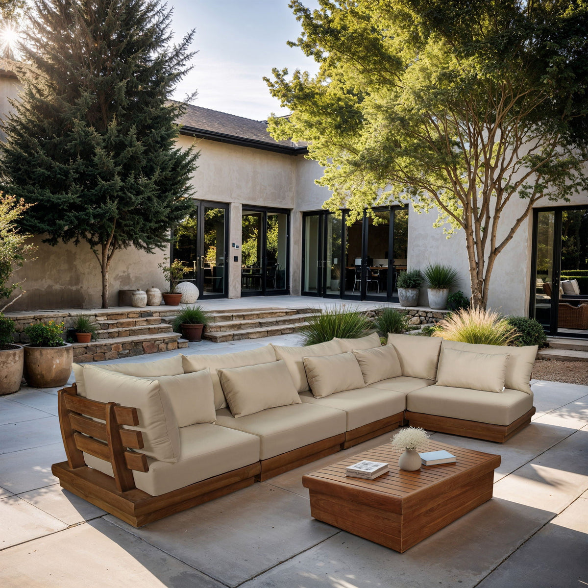 Mirella - 5 Piece Water Resistant Fabric Upholstered Outdoor Patio Modular Sectional