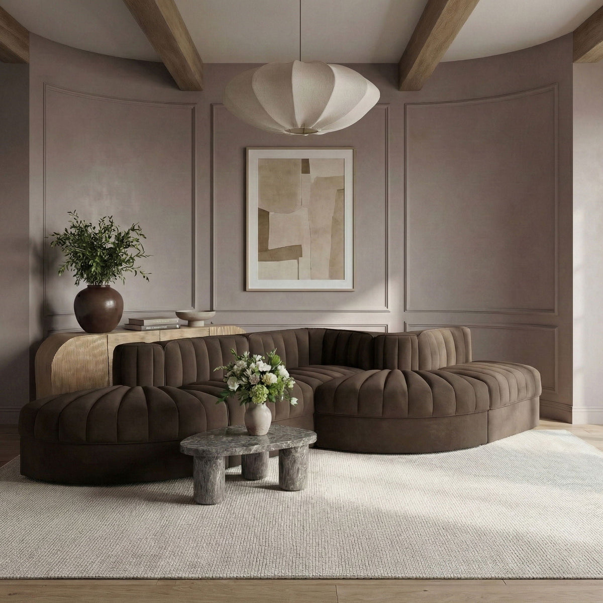 Rummi - Rounded Velvet Performance Fabric Upholstered 5 Piece Modular Sectional