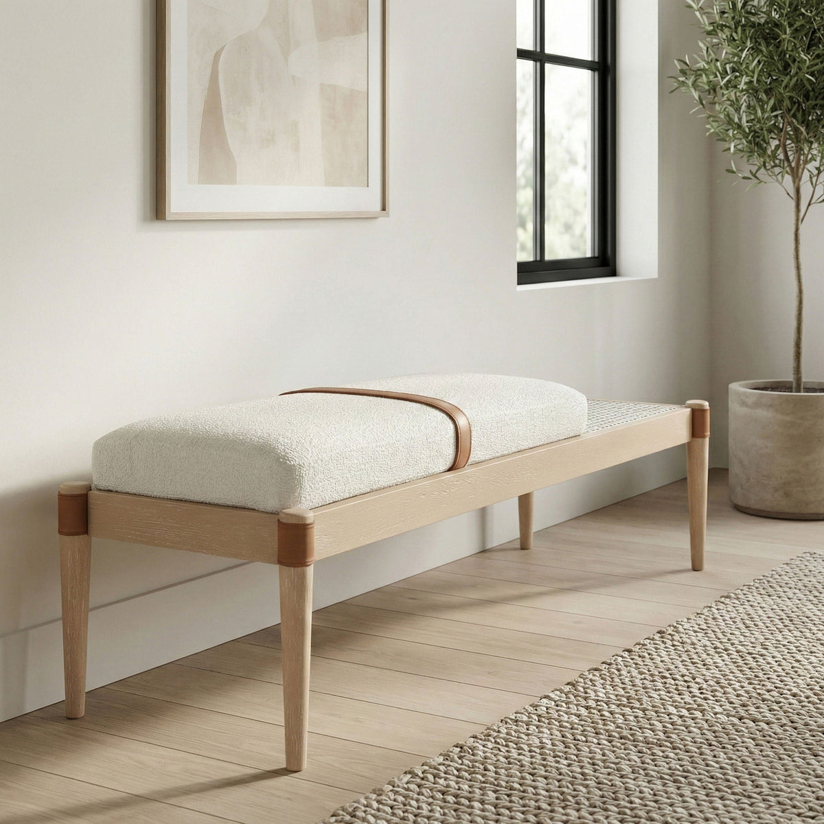 Nara - Linen Textured Fabric Upholstered Bench - Painted Natural