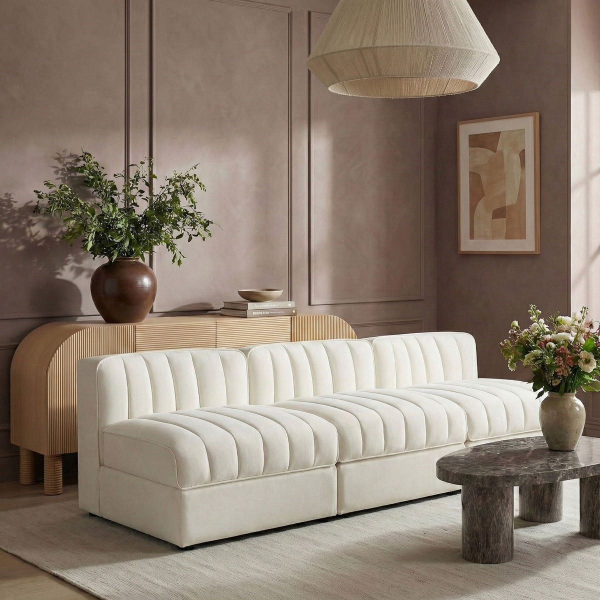 Rummi - Velvet Performance Fabric Upholstered 3 Piece Modular Armless Sofa