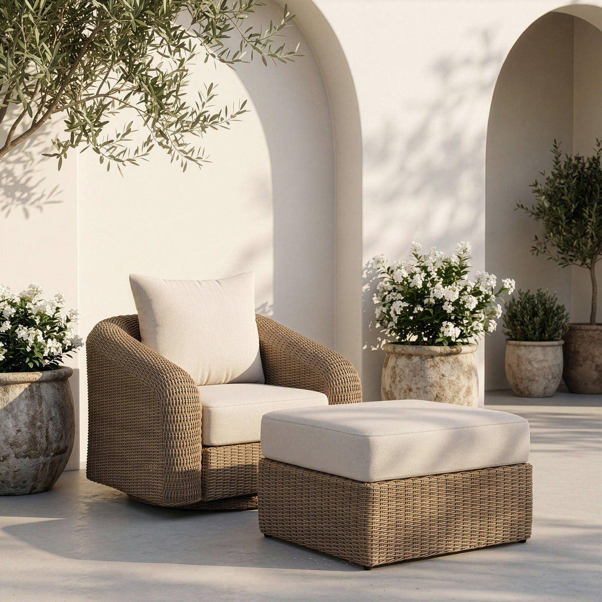 Seacrest - Olefin Water Resistant Fabric And Wicker Outdoor Patio Ottoman/Coffee Table