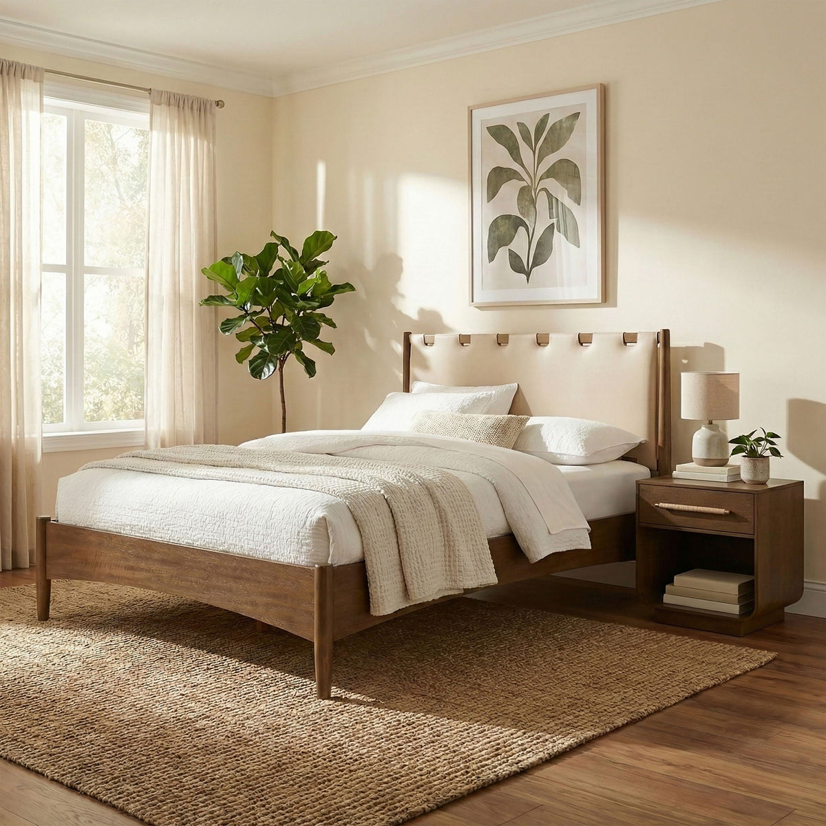 Santos - Vegan Leather Headboard And Wood Bed - Waxed Brown Frame