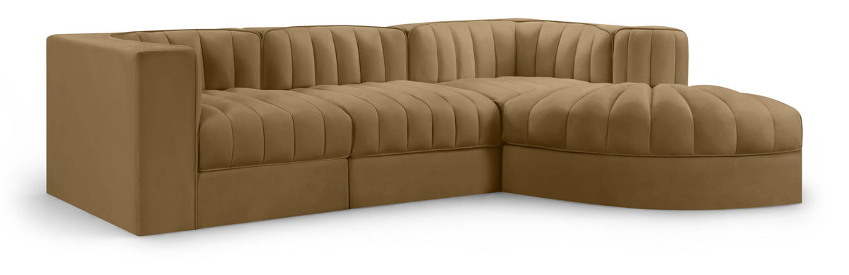 Rummi - Velvet Performance Fabric Upholstered 4 Piece Modular Sectional, With Reverse Corner Chair