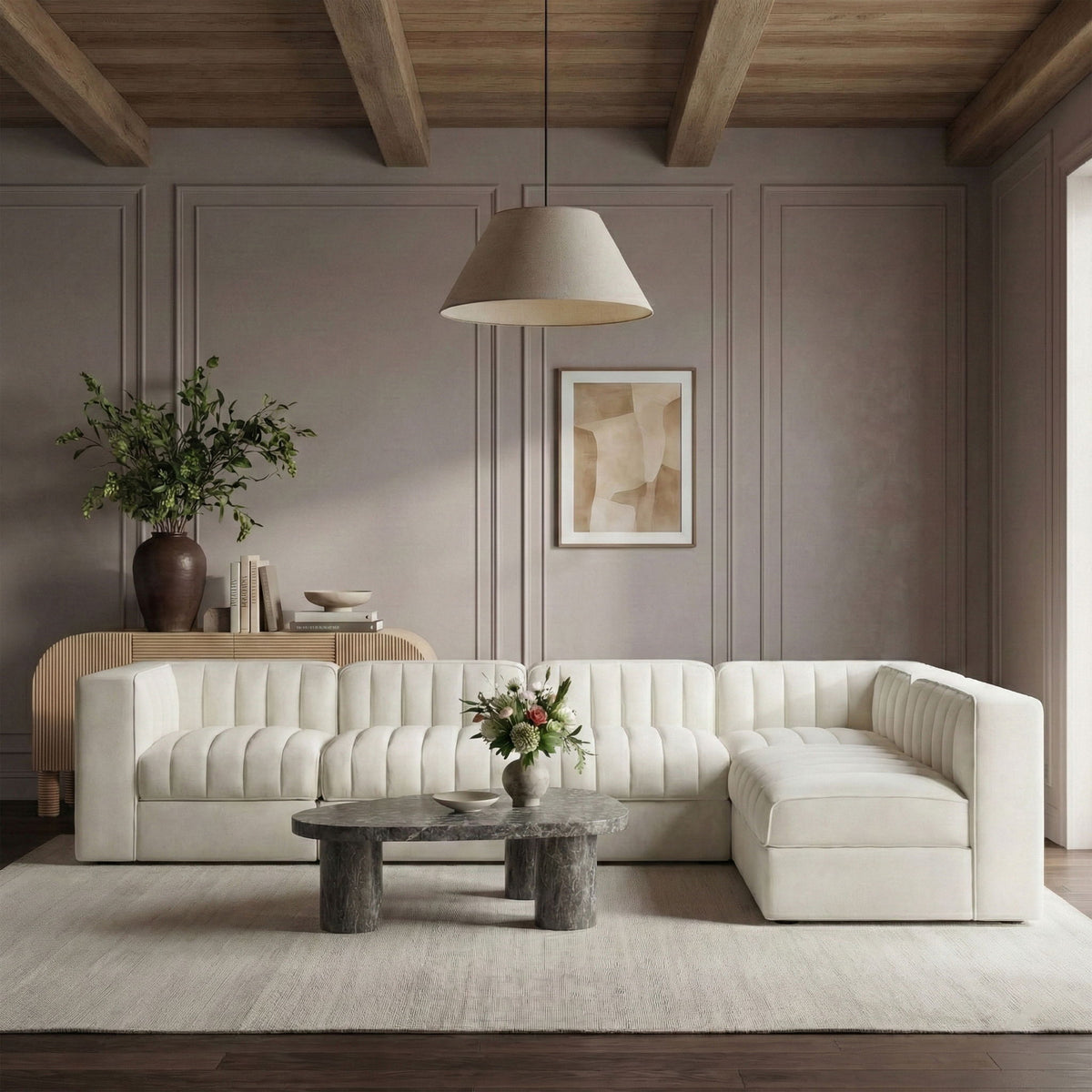 Rummi - Velvet Performance Fabric Upholstered 6 Piece Modular Sectional (With 3 Corner Chairs)