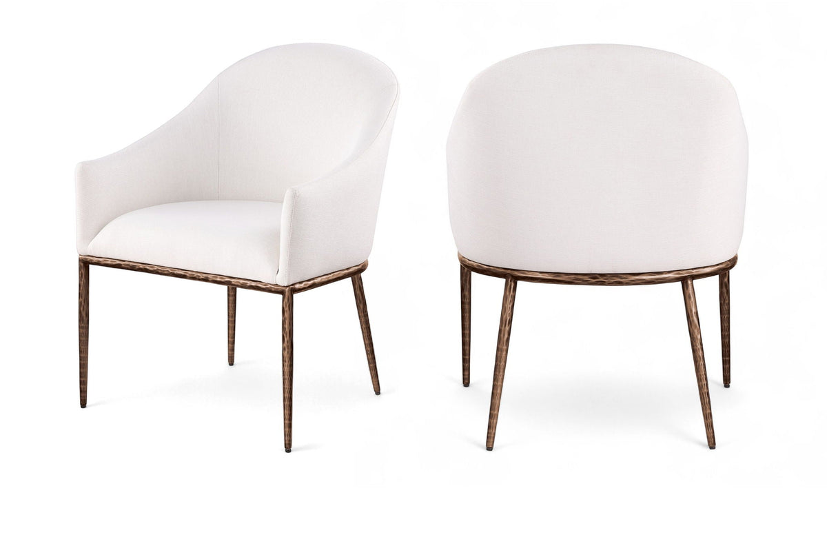 Ferro - Linen Textured Performance Fabric Upholstered Dining Arm Chair - Cream / Brushed Bronze