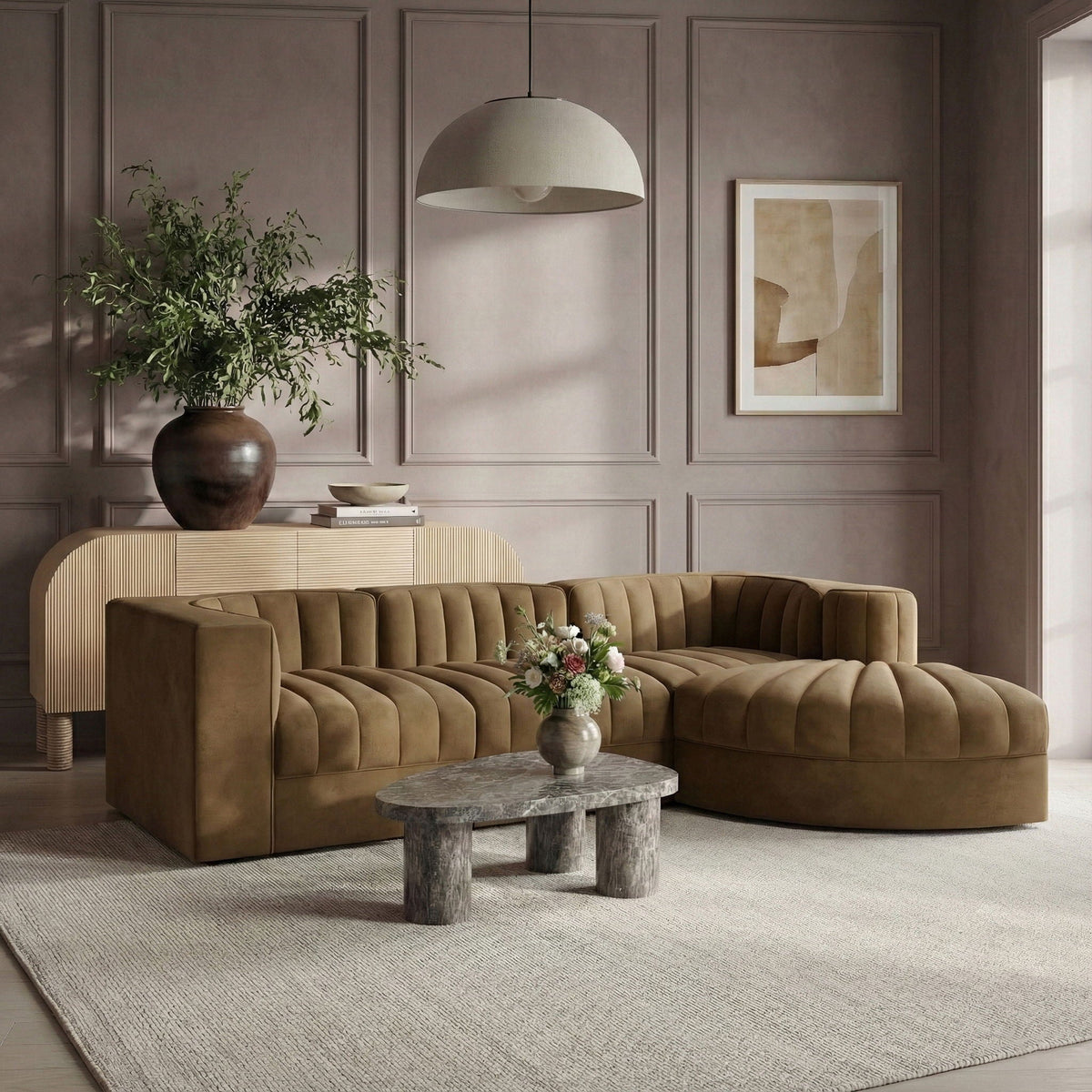 Rummi - Velvet Performance Fabric Upholstered 4 Piece Modular Sectional, With Reverse Corner Chair