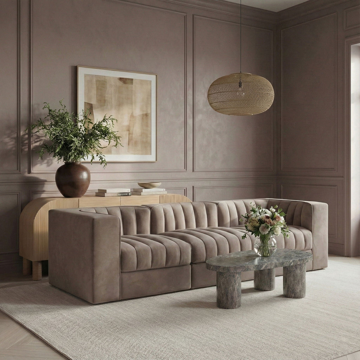 Rummi - Velvet Performance Fabric Upholstered 3 Piece Modular Sofa