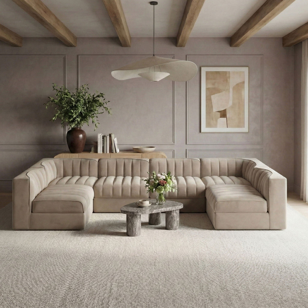 Rummi - Armless Velvet Performance Fabric Upholstered 6 Piece Modular Sectional