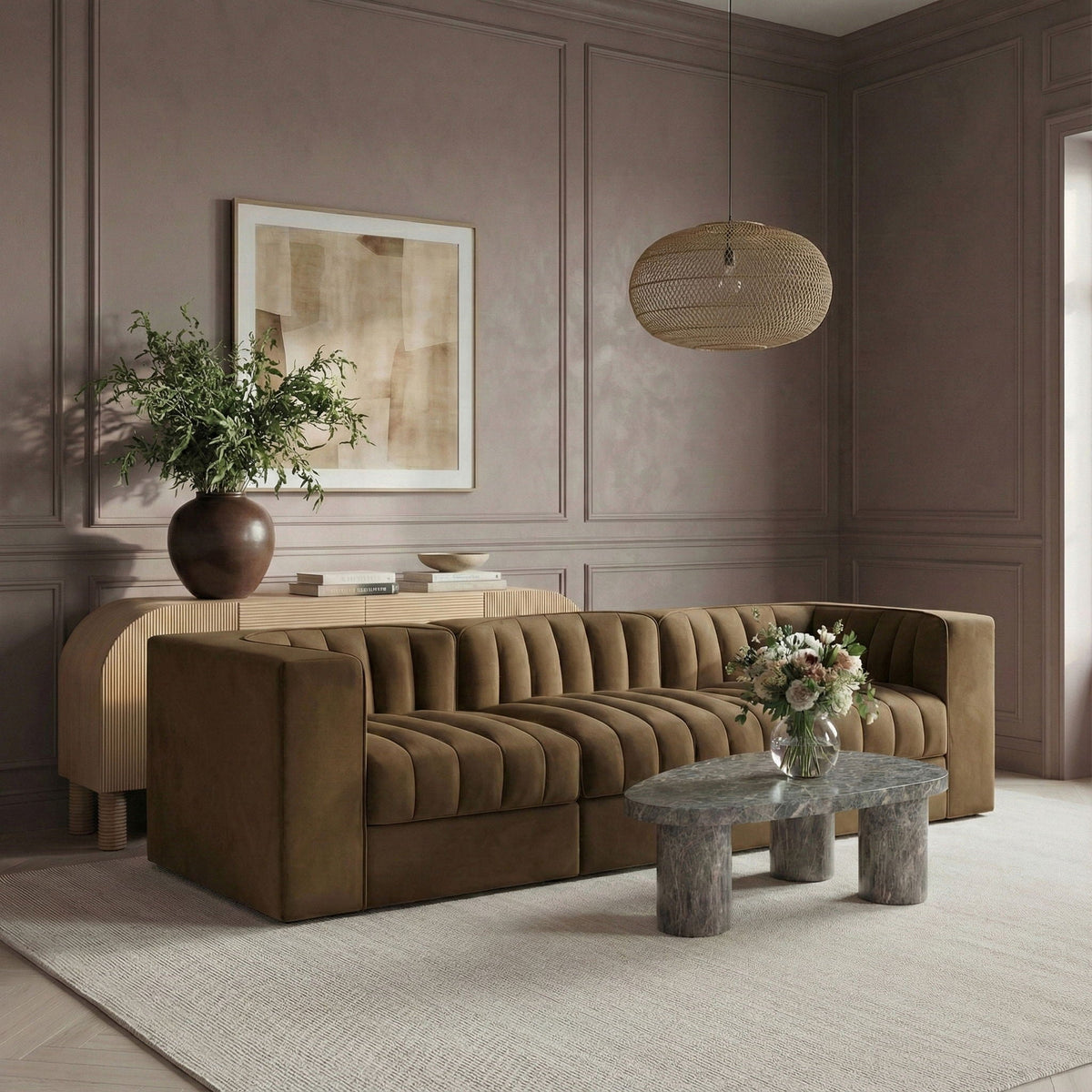 Rummi - Velvet Performance Fabric Upholstered 3 Piece Modular Sofa