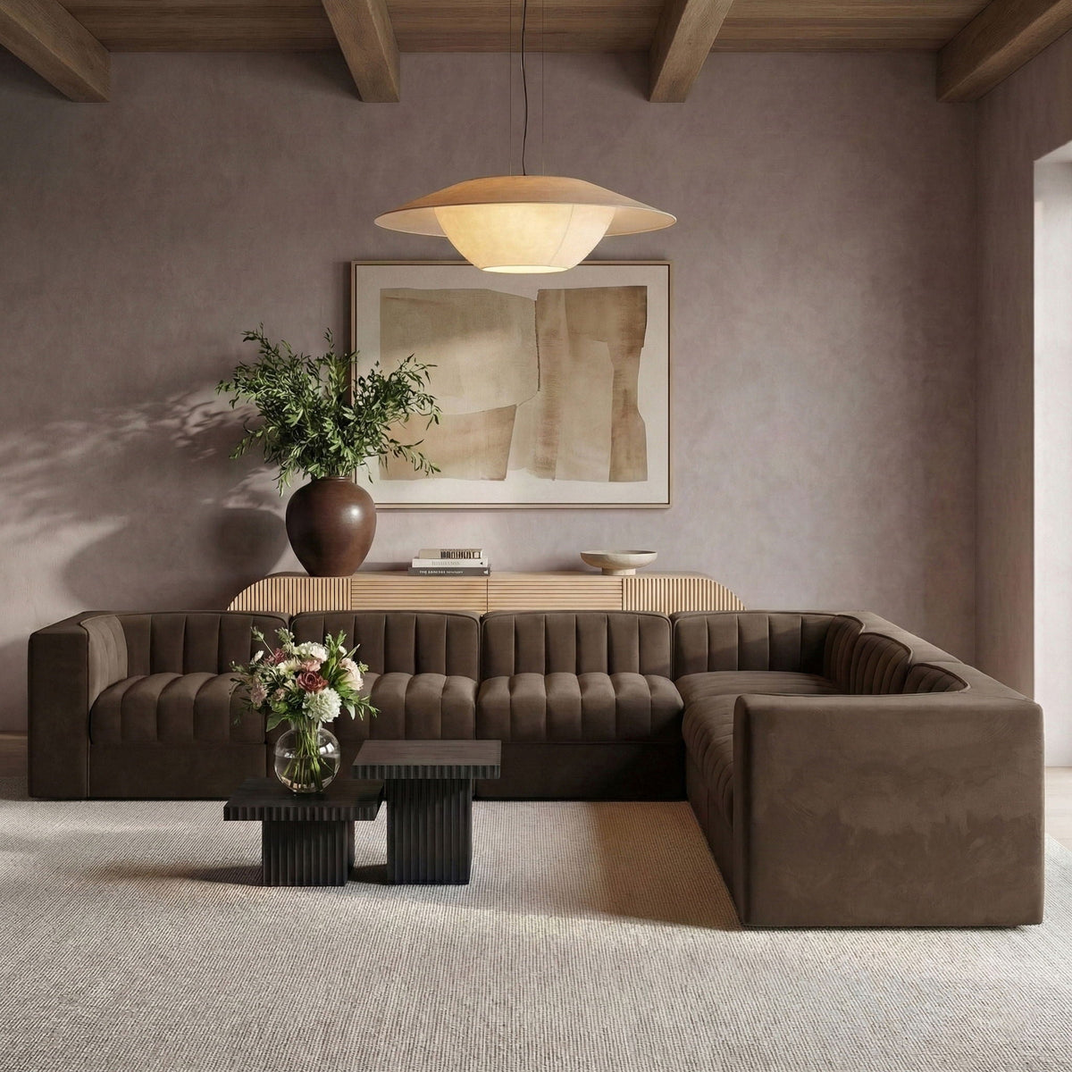 Rummi - Symmetrical Velvet Performance Fabric Upholstered 7 Piece Modular Sectional (With 3 Corner Chairs)