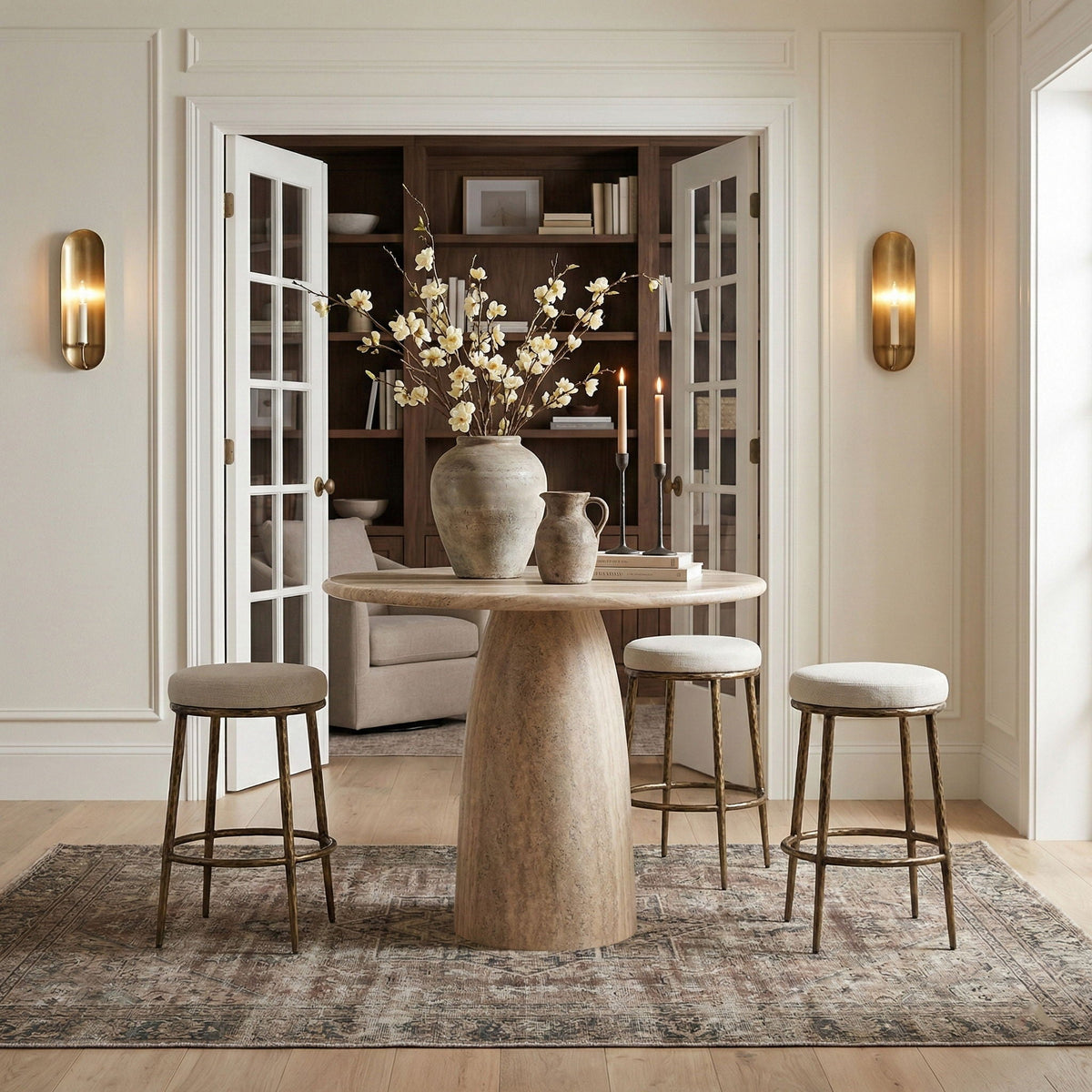 Ferro - Performance Fabric Upholstered Backless Bar Stool - Cream / Antique Brass