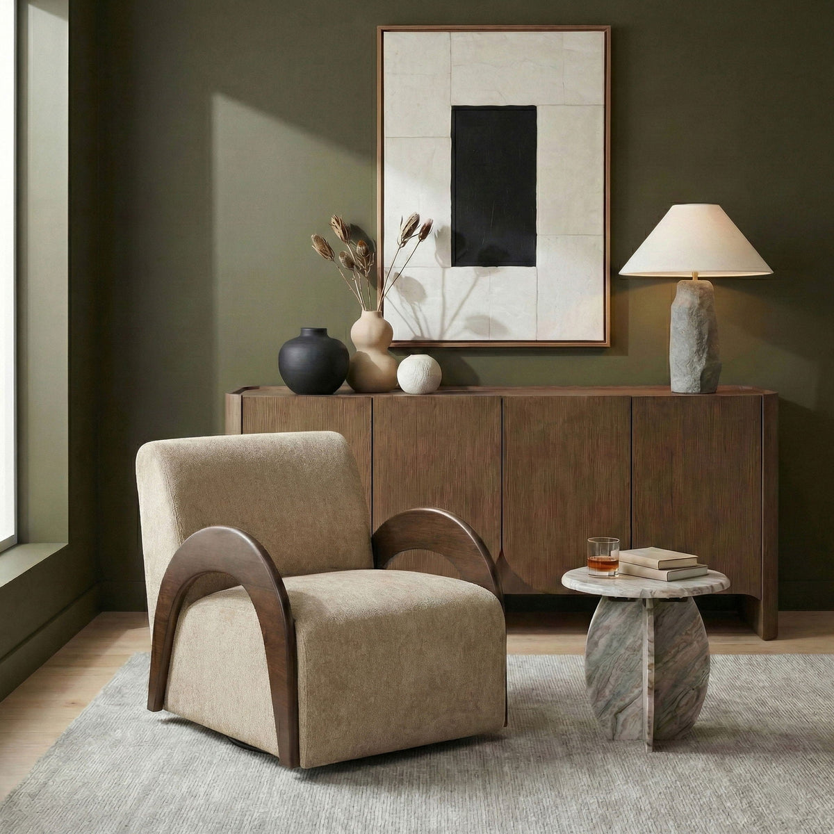 Neria - Chenille Fabric Upholstered Swivel Accent Chair - Painted Brown Base