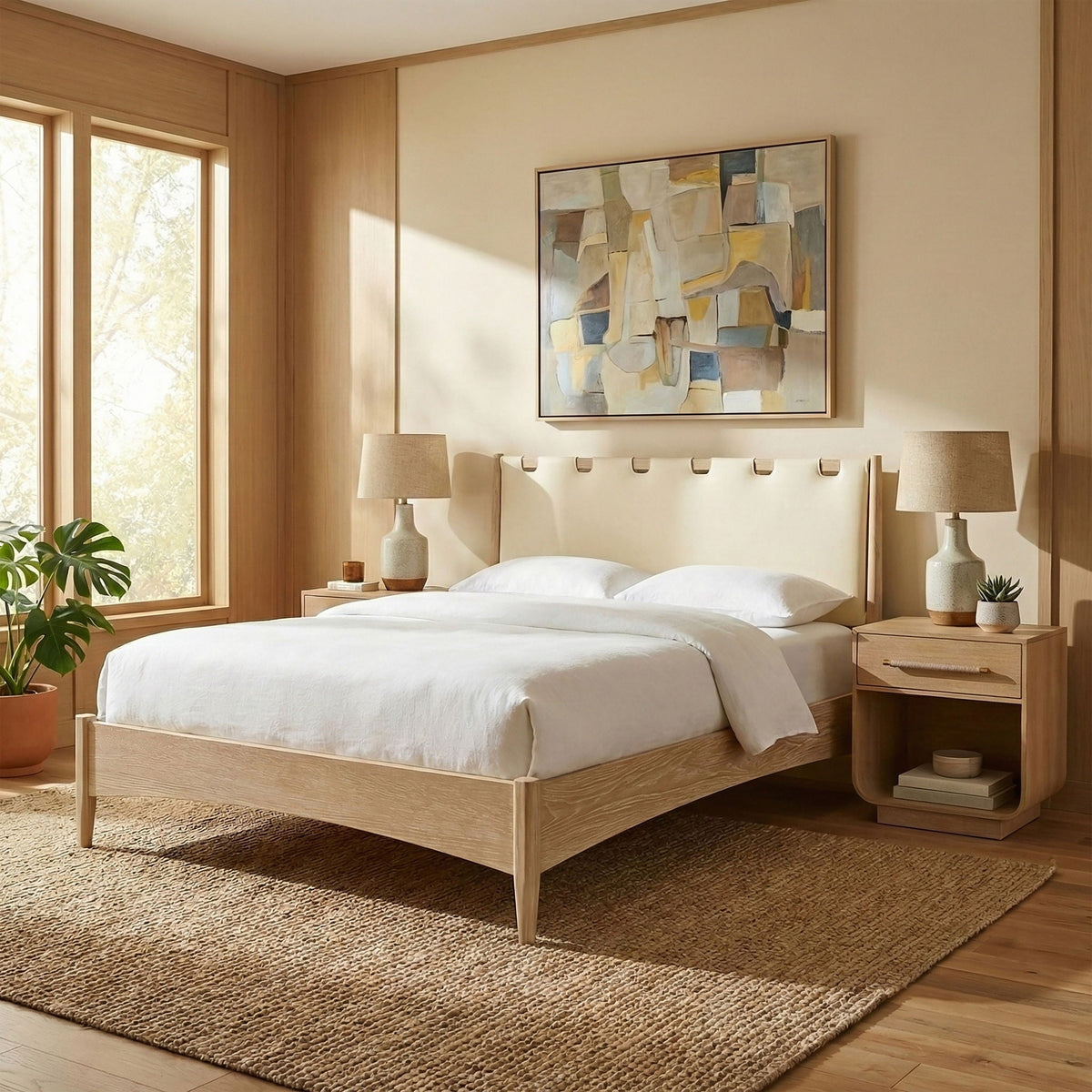 Santos - Vegan Leather Headboard And Wood Bed - Waxed Natural Frame