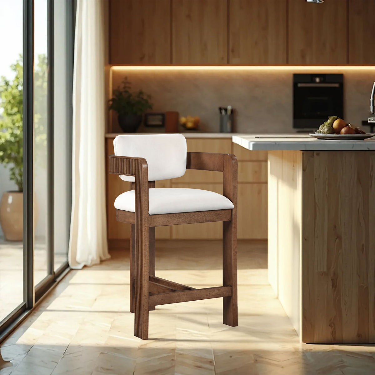 Sacha - Velvet Stool With Brown Base