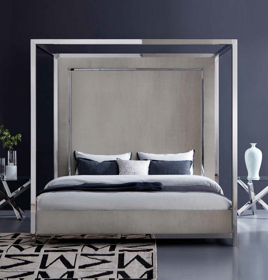 Alton Queen bed E-Grey Velvet with Pillar