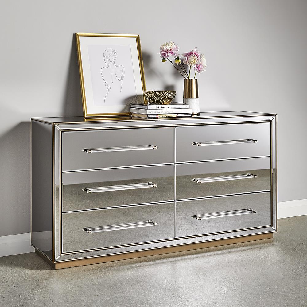 CLARISSA MIRRORED 6 DRAWERS CHEST ANTIQUE GOLD