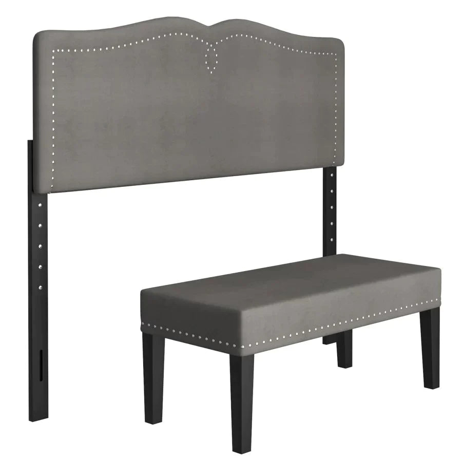 Aurora Double/Queen Adjustable Height Headboard with Bench in Grey - Furniture Depot