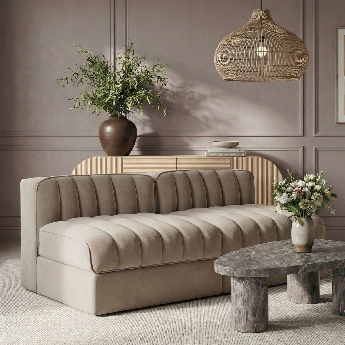 Rummi - Velvet Performance Fabric Upholstered 2 Piece Modular Armless Loveseat