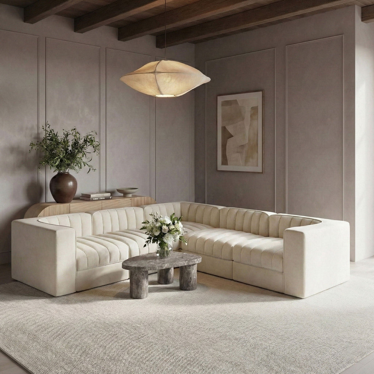 Rummi - Symmetrical Velvet Performance Fabric Upholstered 5 Piece Modular Sectional
