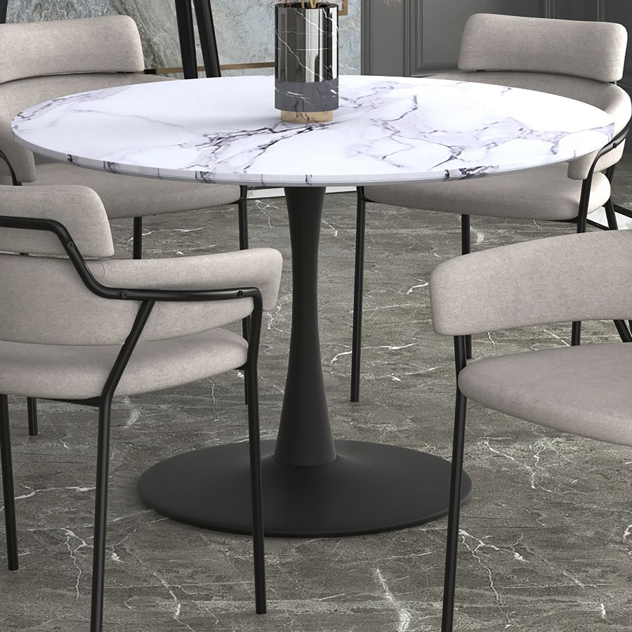 Zilo 40" Round Dining Table in White Faux Marble and Black