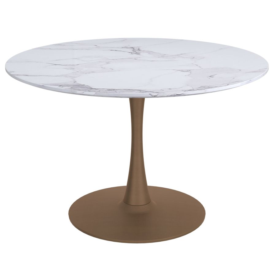 Zilo 48" Round Dining Table in White Faux Marble and Aged Gold