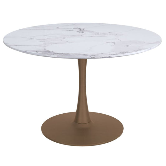 Zilo 48" Round Dining Table in White Faux Marble and Aged Gold