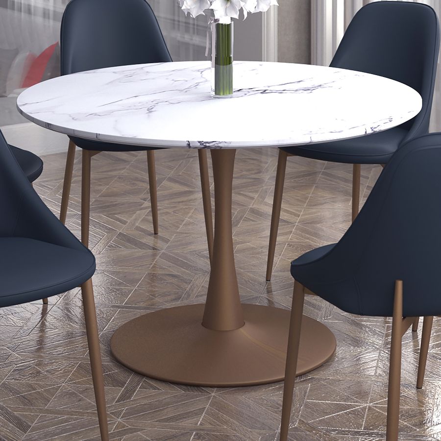 Zilo 40" Round Dining Table in White Faux Marble and Aged Gold