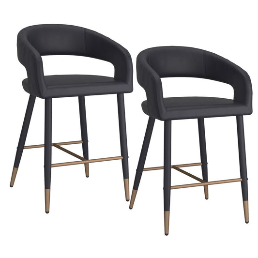 Crimson 26" Counter Stool, Set of 2, in Black Faux Leather and Black and Aged Gold