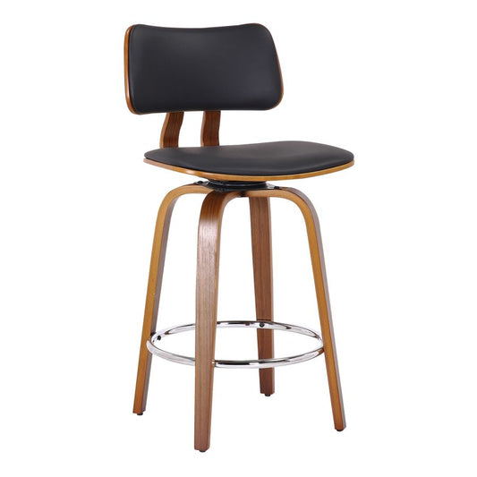 Zuni 26" Counter Stool with Swivel in Black Faux Leather and Walnut