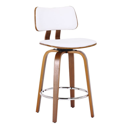 Zuni 26" Counter Stool with Swivel in White Faux Leather and Walnut