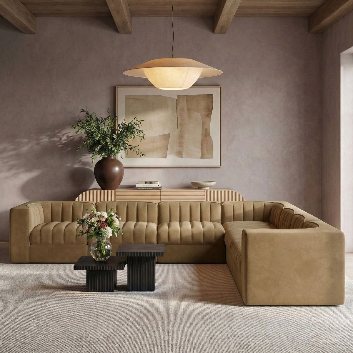 Rummi - Symmetrical Velvet Performance Fabric Upholstered 7 Piece Modular Sectional (With 3 Corner Chairs)