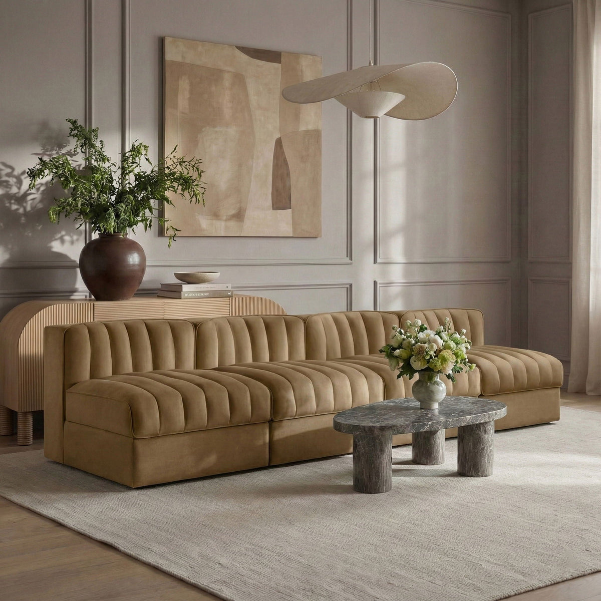 Rummi - Armless Velvet Performance Fabric Upholstered 4 Piece Modular Sofa