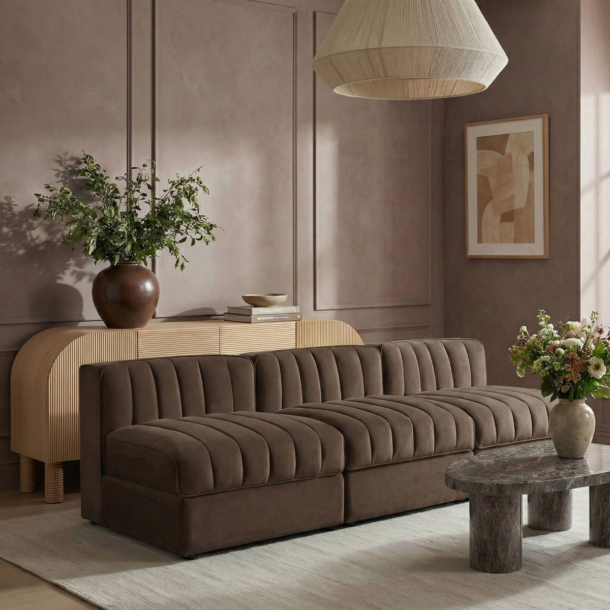 Rummi - Velvet Performance Fabric Upholstered 3 Piece Modular Armless Sofa