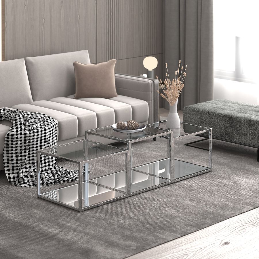 Casini 3pc Multi-Tier Coffee Table Set in Silver - Furniture Depot