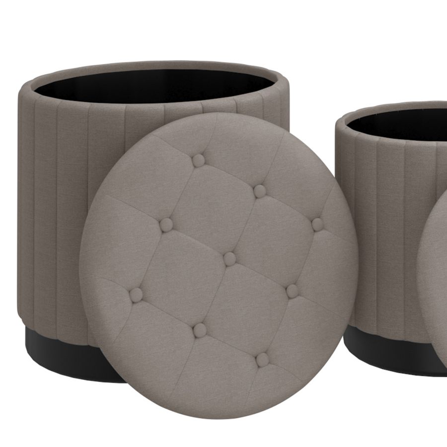 Lexi 3pc Round Storage Ottoman Set in Warm Grey and Black